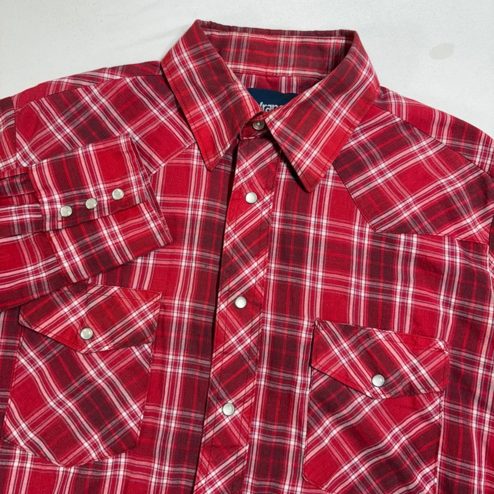Wrangler Western Shirt Mens Medium‎ Red Plaid Pearl Snap Raw Hem Cowboy Rodeo
